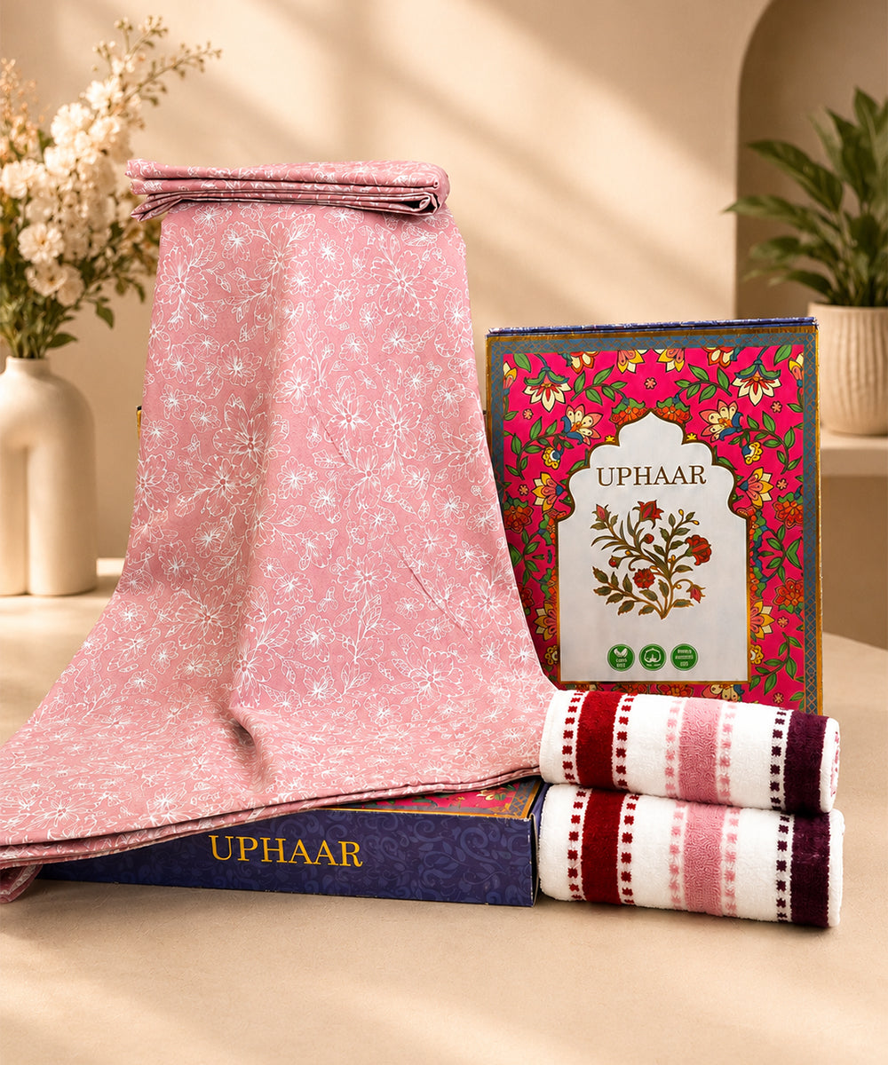 UPHAAR Pure Cotton Home Comfort Combo Set | Floral King Size Bedsheet with 2 Soft Hand Towels