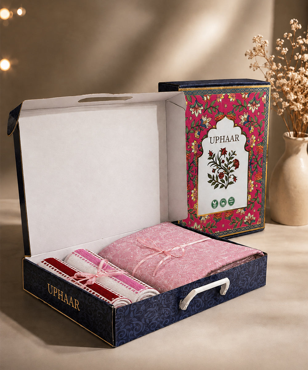 UPHAAR Pure Cotton Home Comfort Combo Set | Floral King Size Bedsheet with 2 Soft Hand Towels
