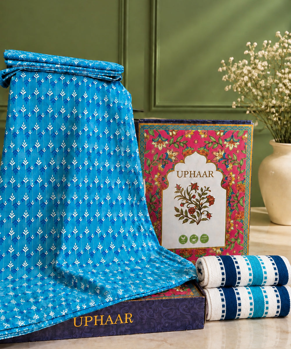 UPHAAR Pure Cotton Home Comfort Combo Set | Floral King Size Bedsheet with 2 Soft Hand Towels