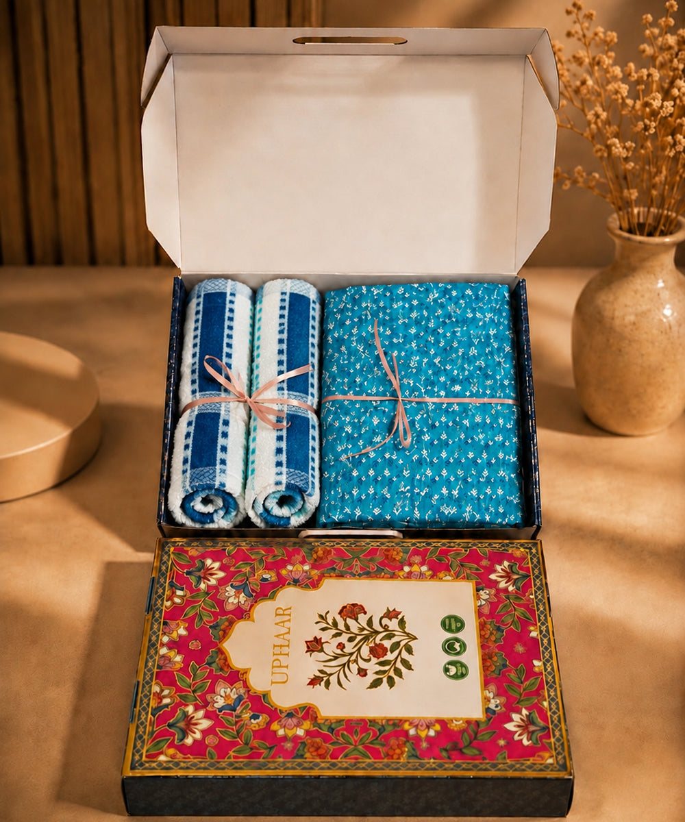 UPHAAR Pure Cotton Home Comfort Combo Set | Floral King Size Bedsheet with 2 Soft Hand Towels