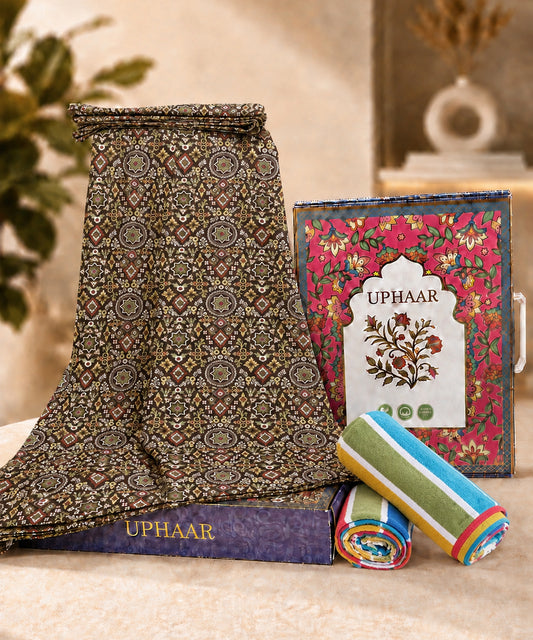UPHAAR Pure Cotton Home Comfort Combo Set | Ethnic King Size Bedsheet with 2 Soft Hand Towels