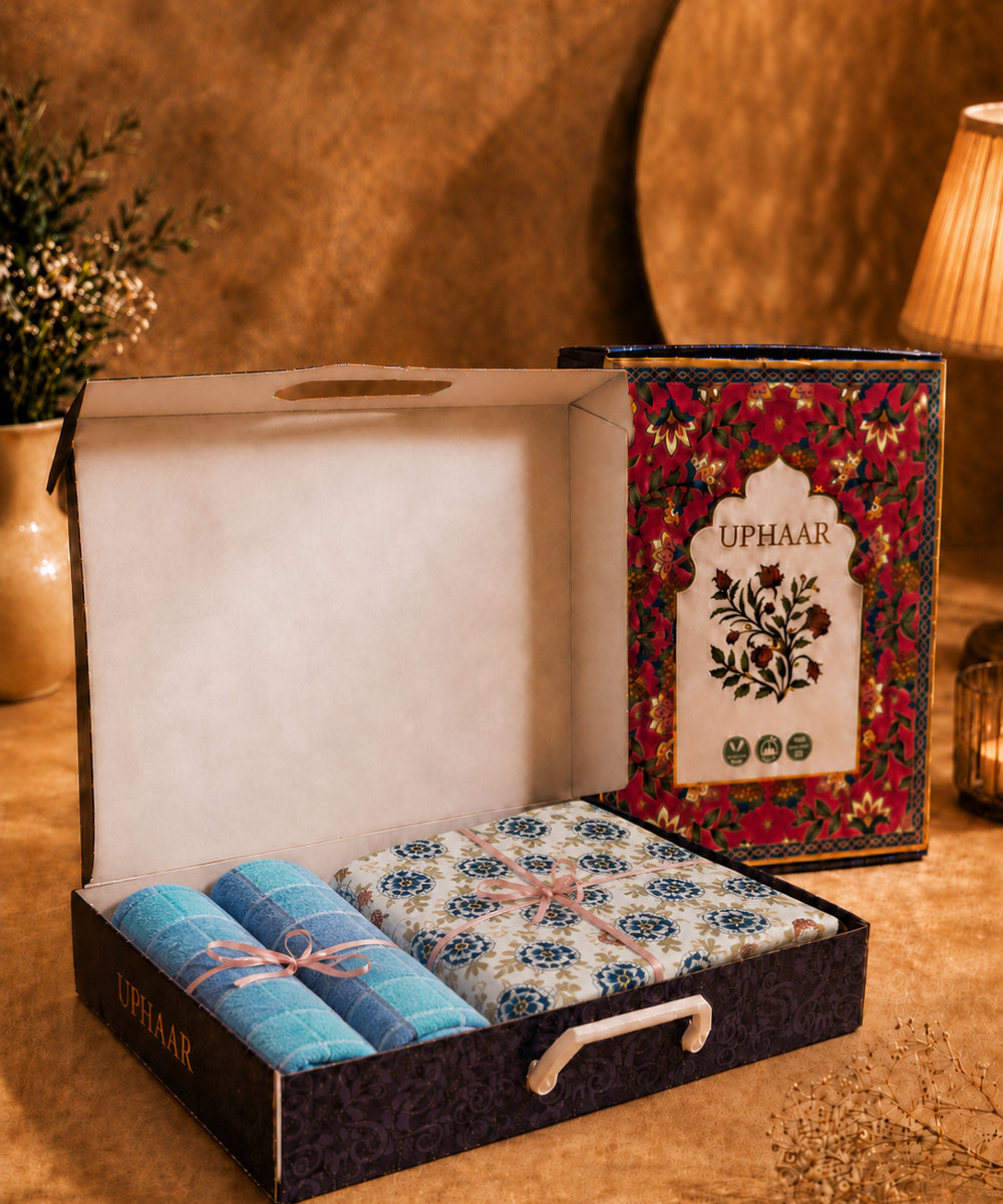 UPHAAR Pure Cotton Home Comfort Combo Set | Floral King Size Bedsheet with 2 Soft Hand Towels