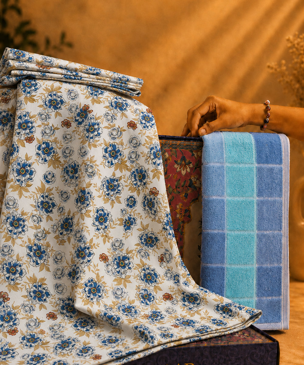 UPHAAR Pure Cotton Home Comfort Combo Set | Floral King Size Bedsheet with 2 Soft Hand Towels