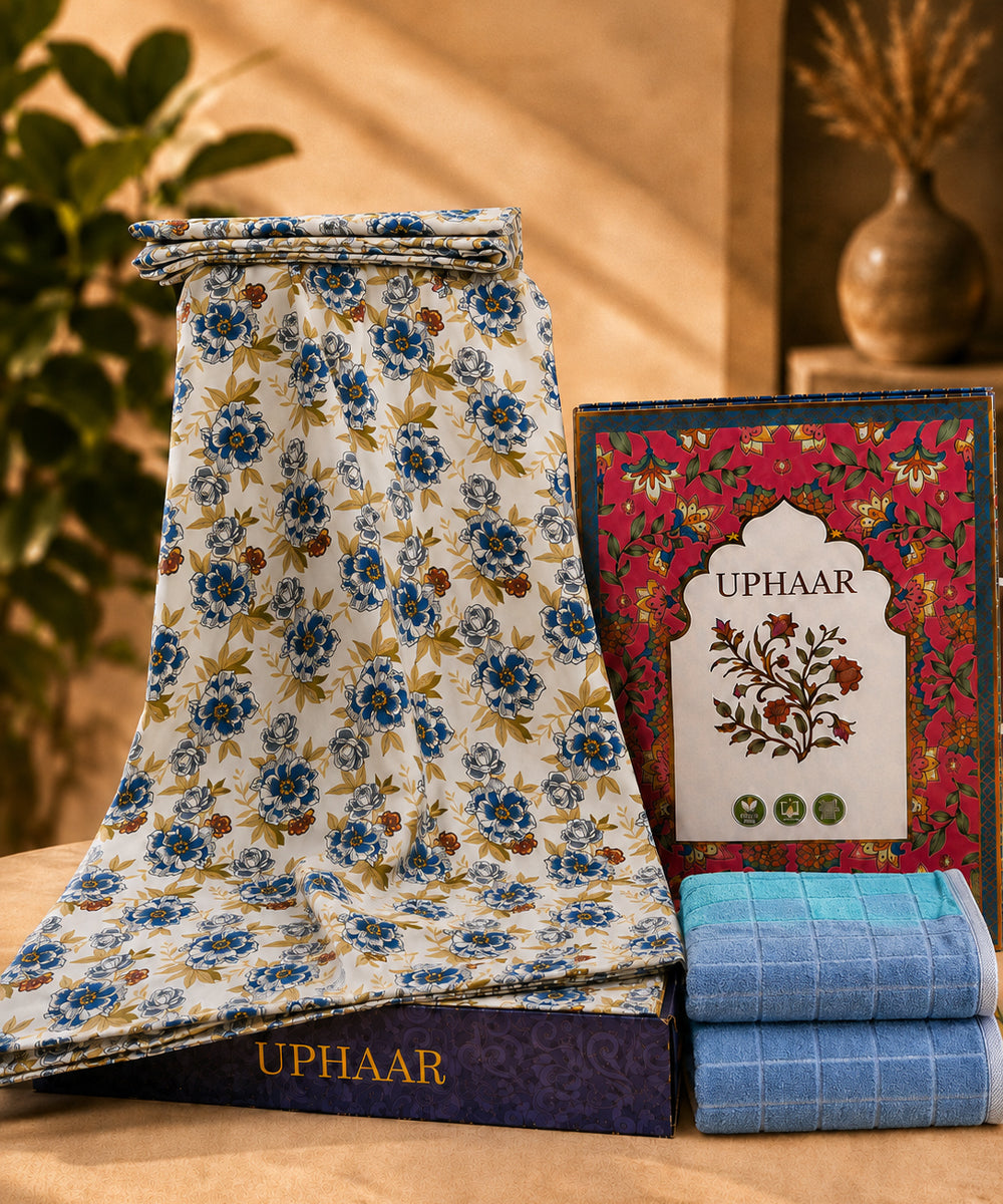 UPHAAR Pure Cotton Home Comfort Combo Set | Floral King Size Bedsheet with 2 Soft Hand Towels