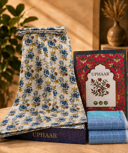 UPHAAR Pure Cotton Home Comfort Combo Set | Floral King Size Bedsheet with 2 Soft Hand Towels