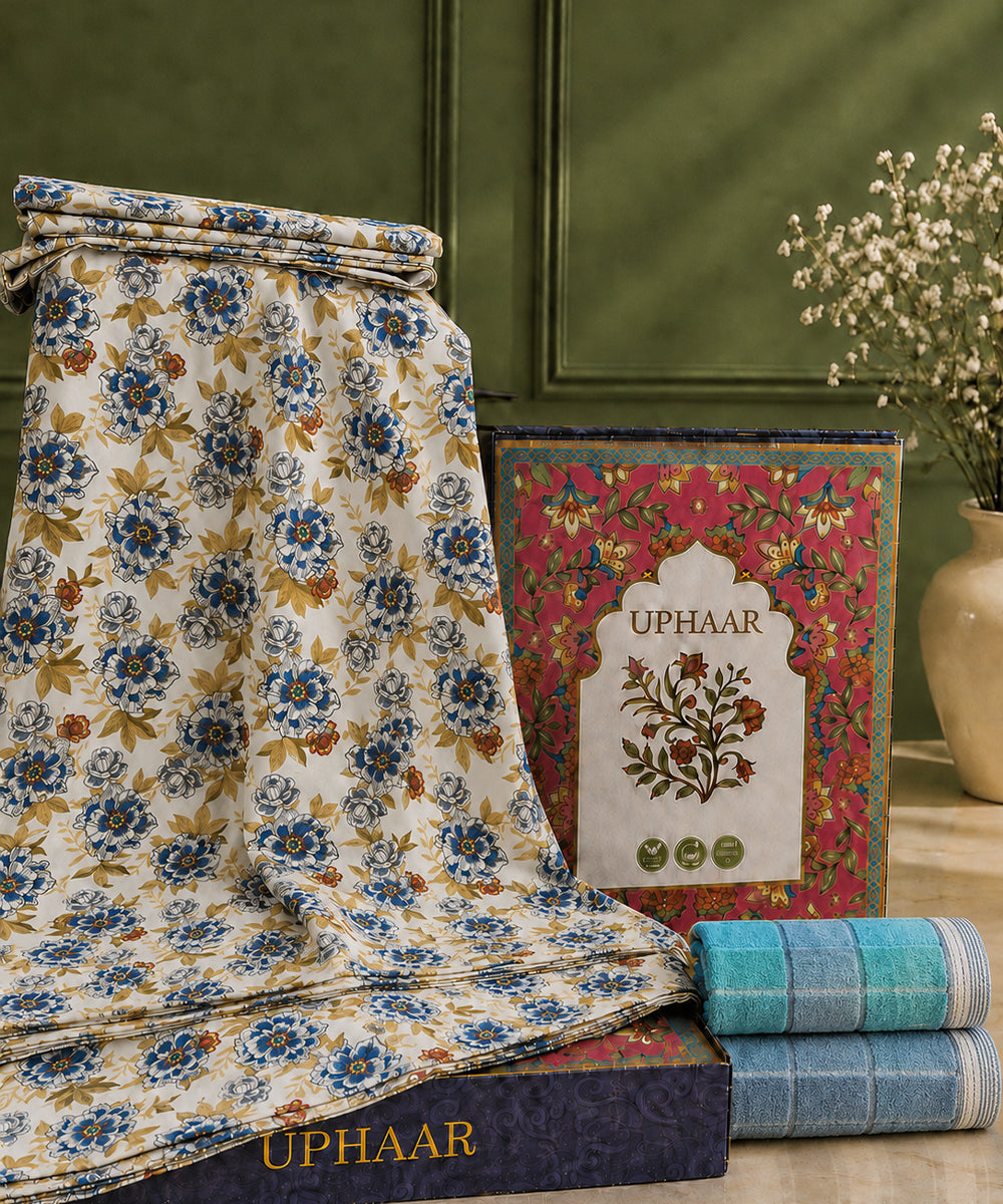 UPHAAR Pure Cotton Home Comfort Combo Set | Floral King Size Bedsheet with 2 Soft Hand Towels