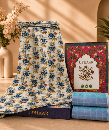 UPHAAR Pure Cotton Home Comfort Combo Set | Floral King Size Bedsheet with 2 Soft Hand Towels