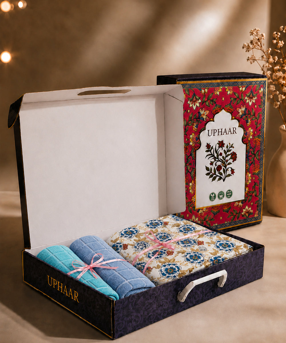 UPHAAR Pure Cotton Home Comfort Combo Set | Floral King Size Bedsheet with 2 Soft Hand Towels