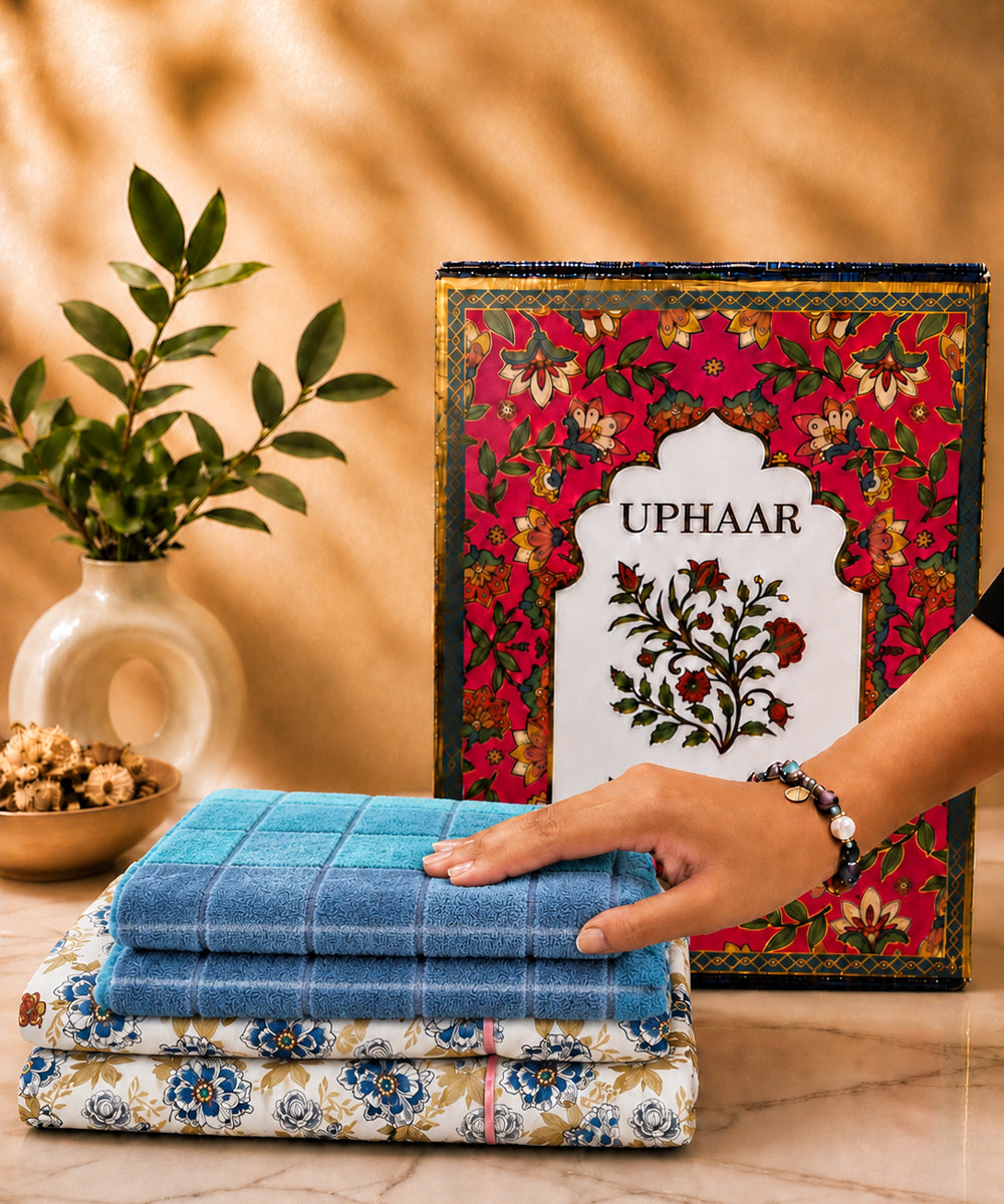 UPHAAR Pure Cotton Home Comfort Combo Set | Floral King Size Bedsheet with 2 Soft Hand Towels
