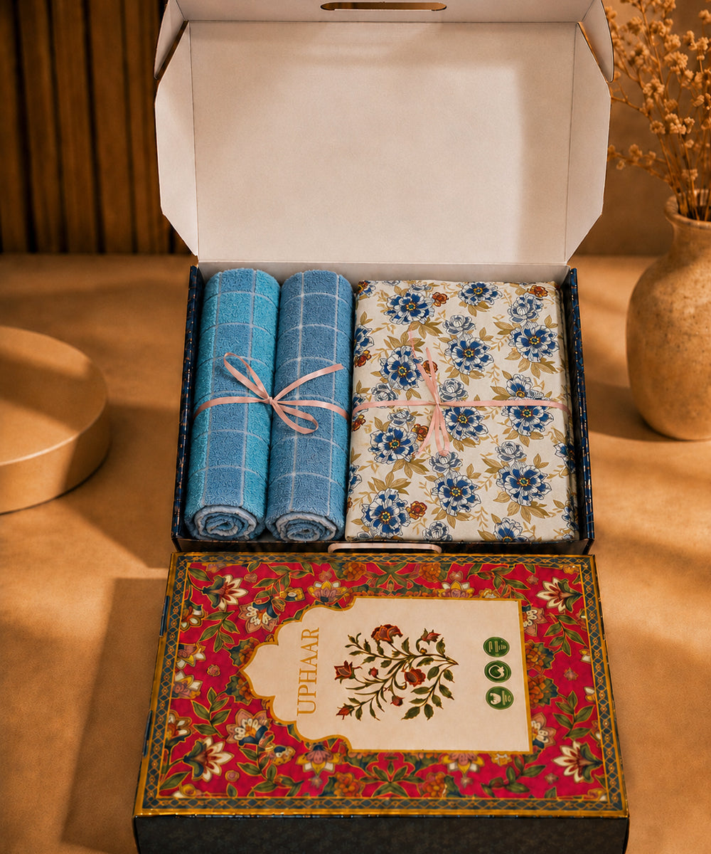 UPHAAR Pure Cotton Home Comfort Combo Set | Floral King Size Bedsheet with 2 Soft Hand Towels