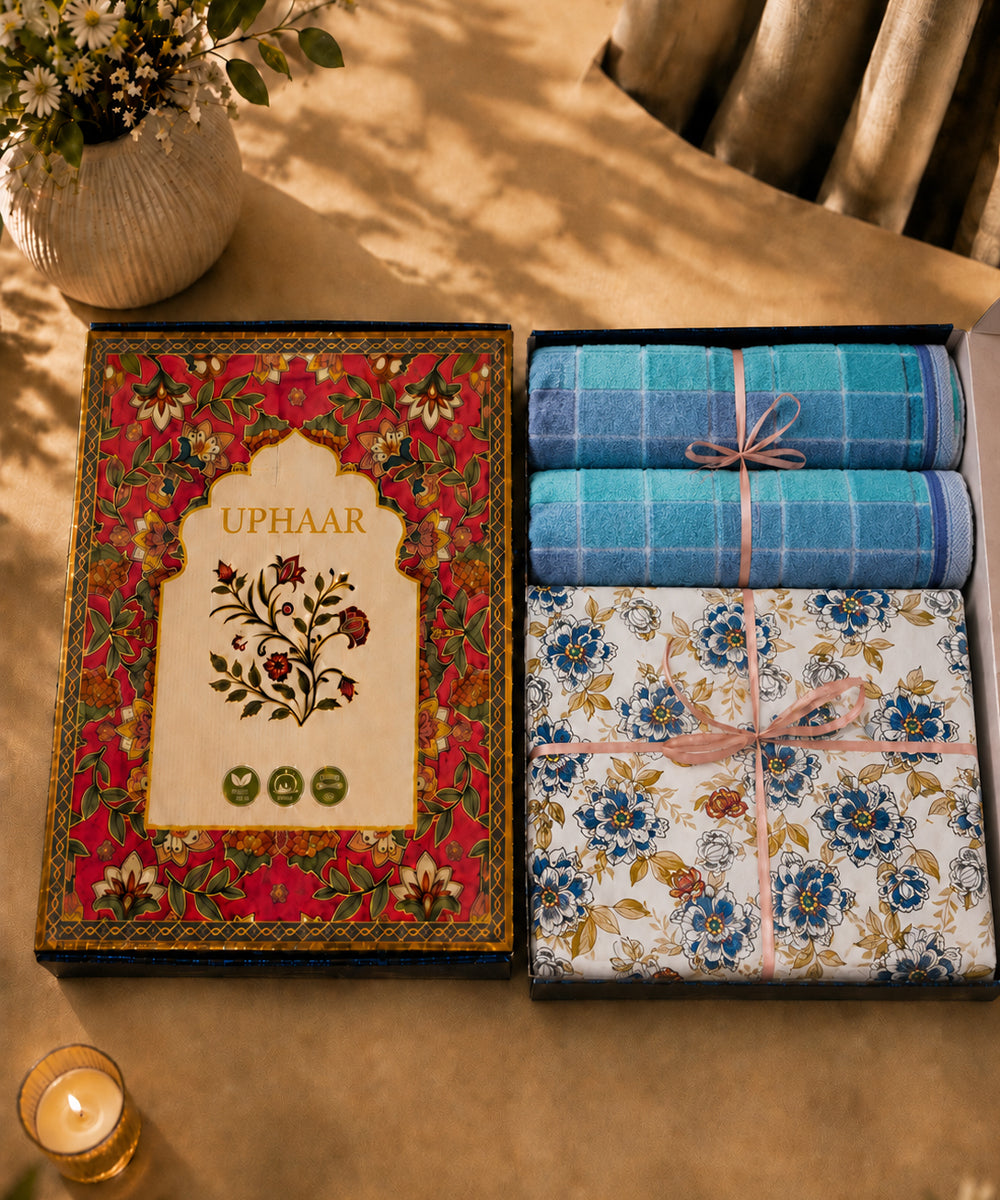 UPHAAR Pure Cotton Home Comfort Combo Set | Floral King Size Bedsheet with 2 Soft Hand Towels