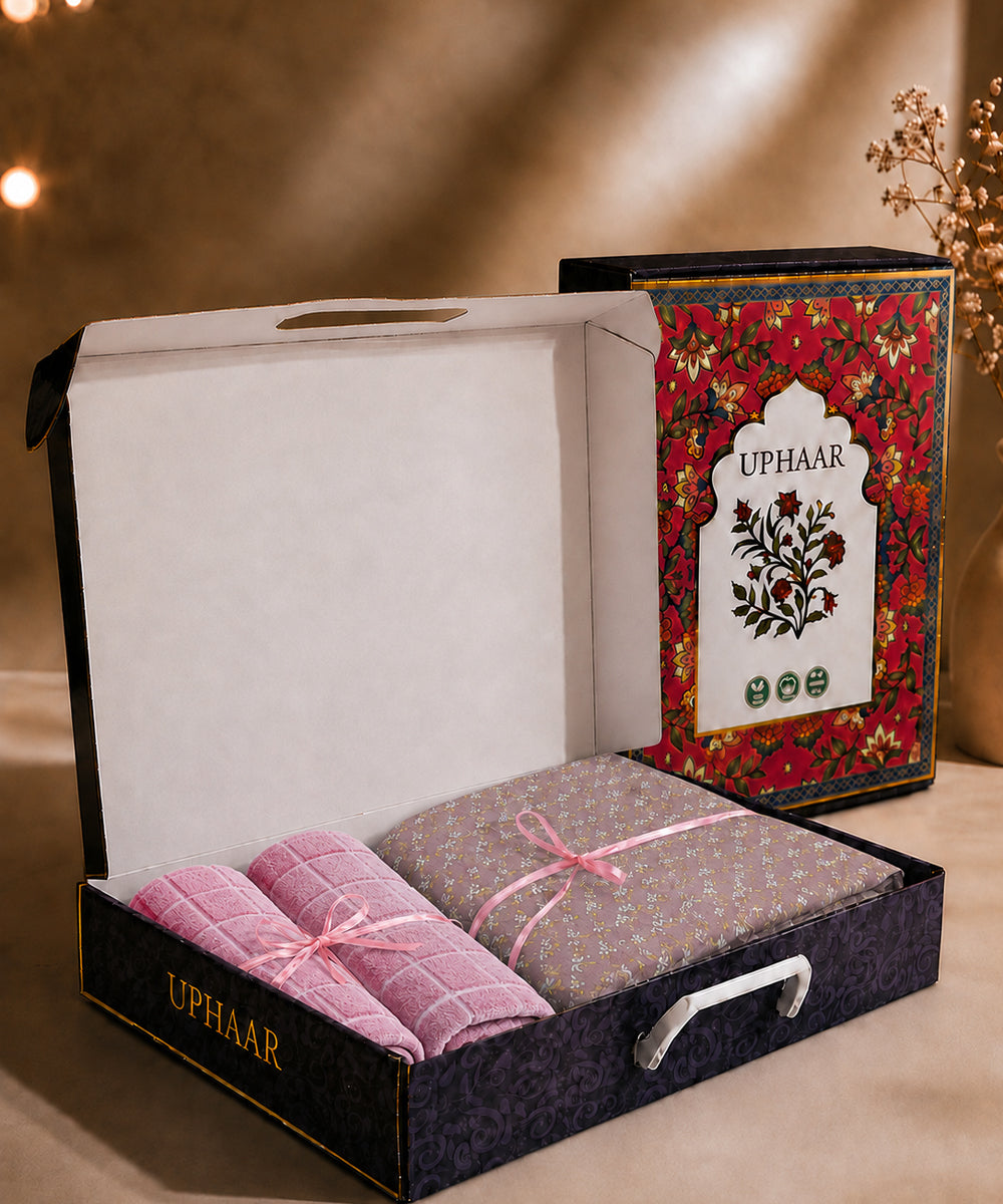 UPHAAR Pure Cotton Home Comfort Combo Set | Floral King Size Bedsheet with 2 Soft Hand Towels