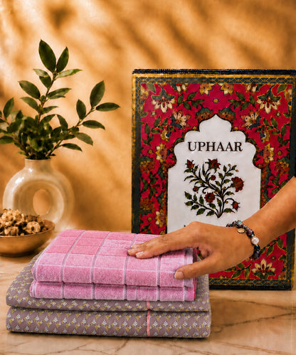 UPHAAR Pure Cotton Home Comfort Combo Set | Floral King Size Bedsheet with 2 Soft Hand Towels