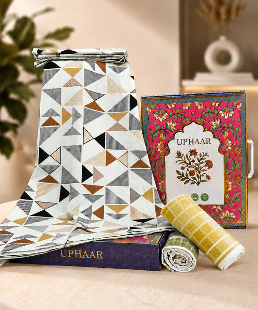 UPHAAR Pure Cotton Home Comfort Combo Set | Geometric King Size Bedsheet with 2 Soft Hand Towels