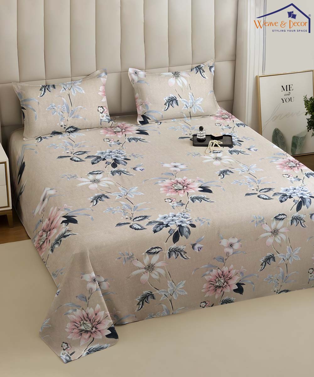 Beige Flora Stripe Flat Bedsheet With Pillow Covers