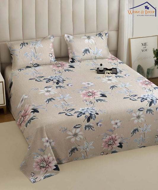 Beige Flora Stripe Flat Bedsheet With Pillow Covers