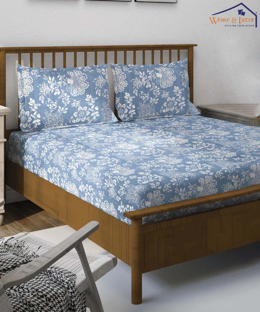 Blue Blossom Super King Fitted Bedsheet With 2 Pillow Covers