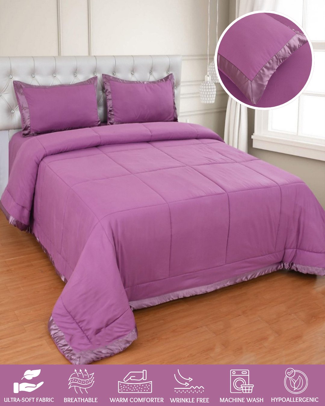 Purple Silky Soft Satin Comforter Set with Bedsheet & Pillow Covers