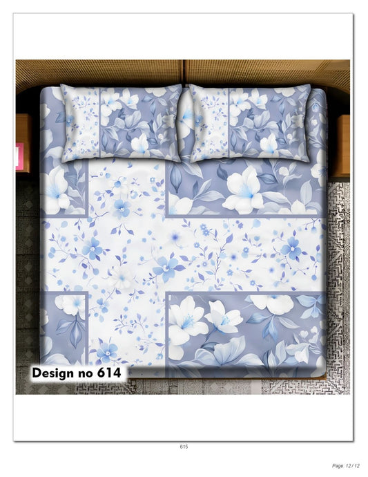 Blue Floral 7D Flat Double Bedsheet with 2 Pillow Covers