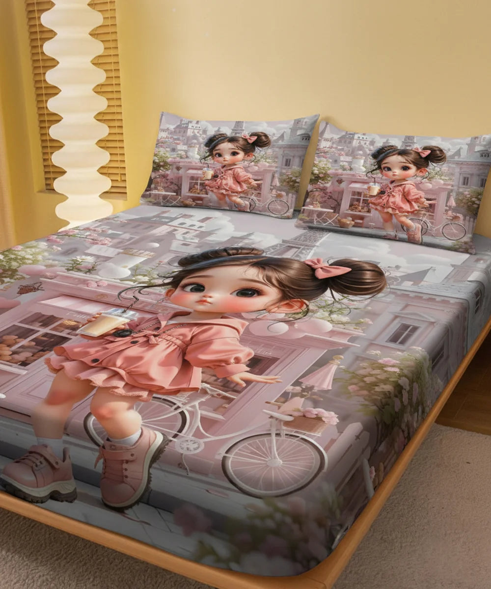 Cute Doll Cityscape 7D Flat Double Bedsheet with 2 Pillow Covers