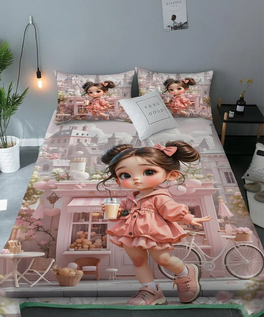 Cute Doll Cityscape 7D Flat Double Bedsheet with 2 Pillow Covers