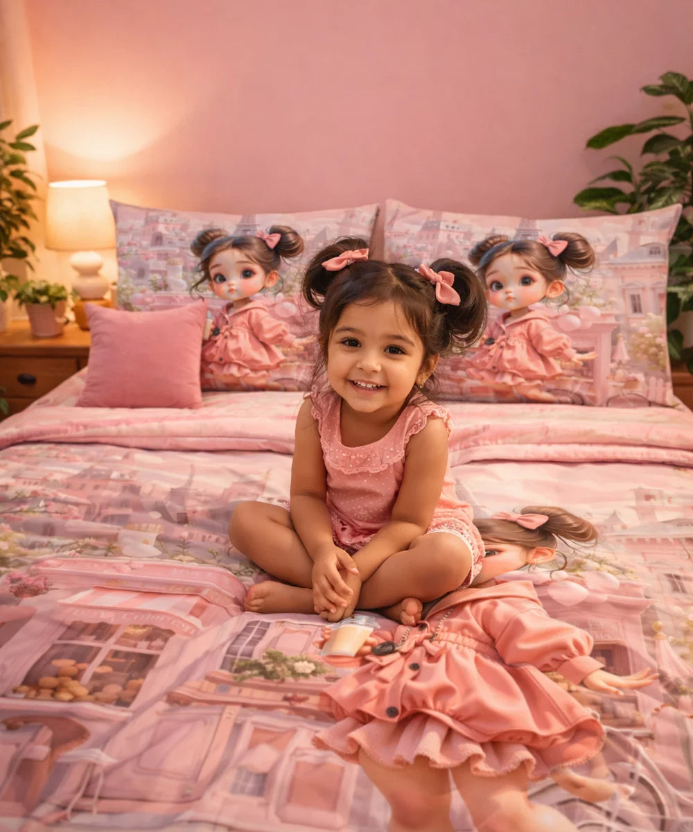 Cute Doll Cityscape 7D Flat Double Bedsheet with 2 Pillow Covers