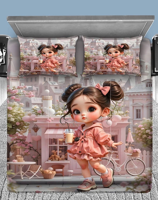 Cute Doll Cityscape 7D Flat Double Bedsheet with 2 Pillow Covers
