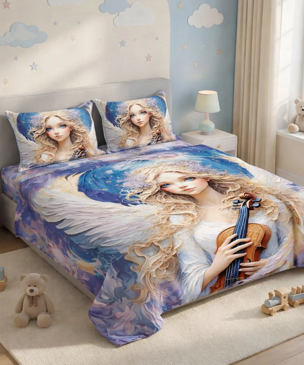 Angel Violin Art 7D Flat Double Bedsheet with 2 Pillow Covers