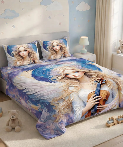 Angel Violin Art 7D Flat Double Bedsheet with 2 Pillow Covers