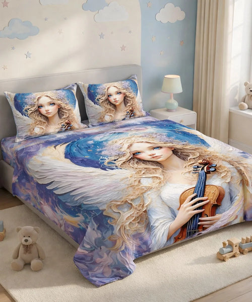 Angel Violin Art 7D Flat Double Bedsheet with 2 Pillow Covers