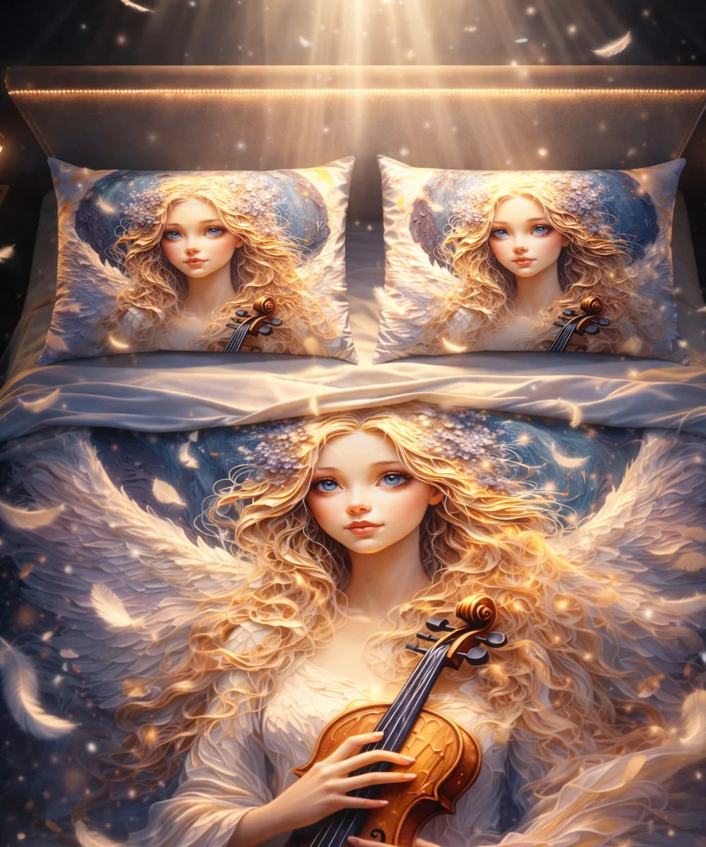 Angel Violin Art 7D Flat Double Bedsheet with 2 Pillow Covers
