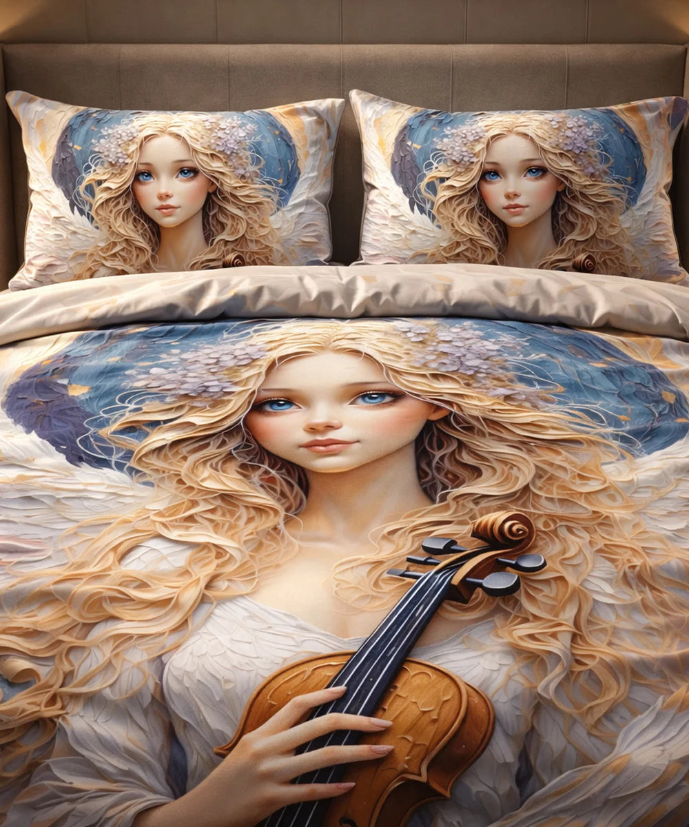 Angel Violin Art 7D Flat Double Bedsheet with 2 Pillow Covers