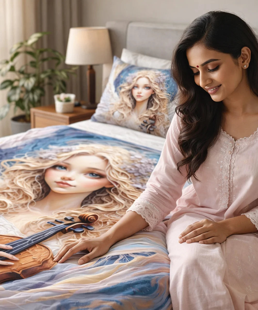 Angel Violin Art 7D Flat Double Bedsheet with 2 Pillow Covers