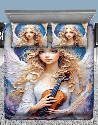 Angel Violin Art 7D Flat Double Bedsheet with 2 Pillow Covers