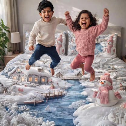 Winter Wonderland Snowman 7D Flat Double Bedsheet with 2 Pillow Covers