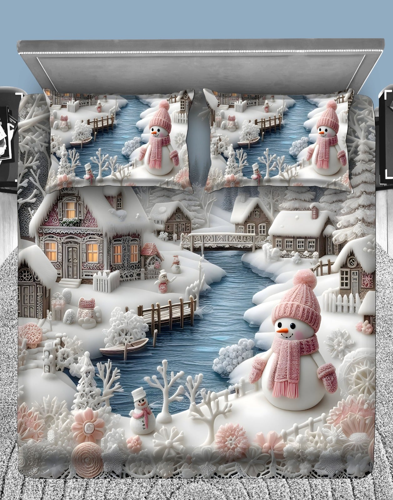 Winter Wonderland Snowman 7D Flat Double Bedsheet with 2 Pillow Covers