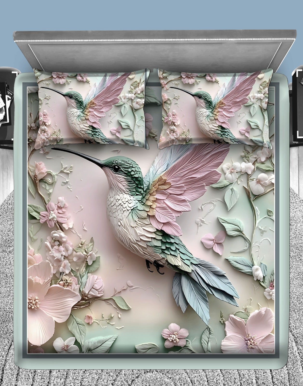 Pastel Humming bird Floral 7D Flat Double Bedsheet with 2 Pillow Covers