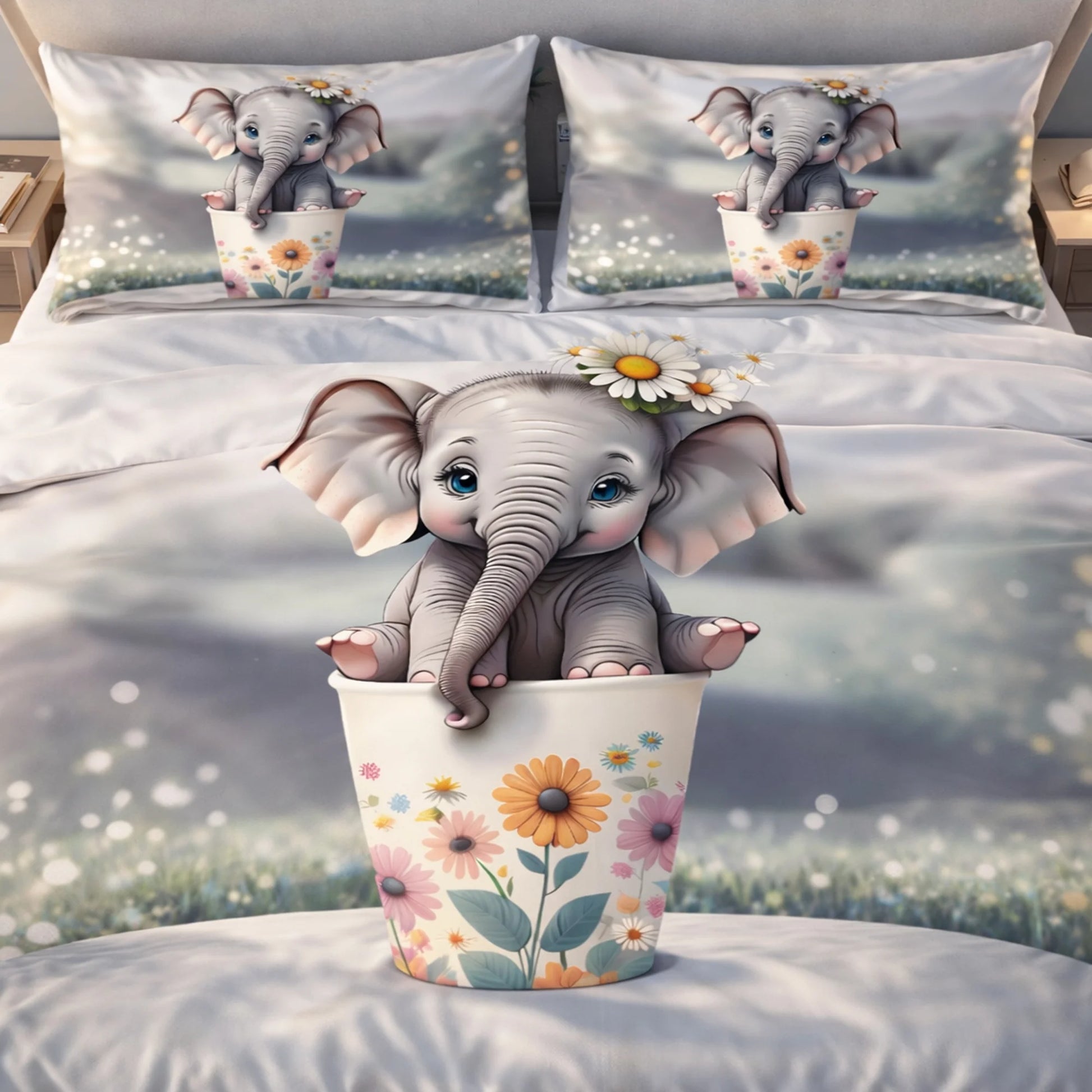Cute Baby Elephant Floral 7D Flat Double Bedsheet with 2 Pillow Covers