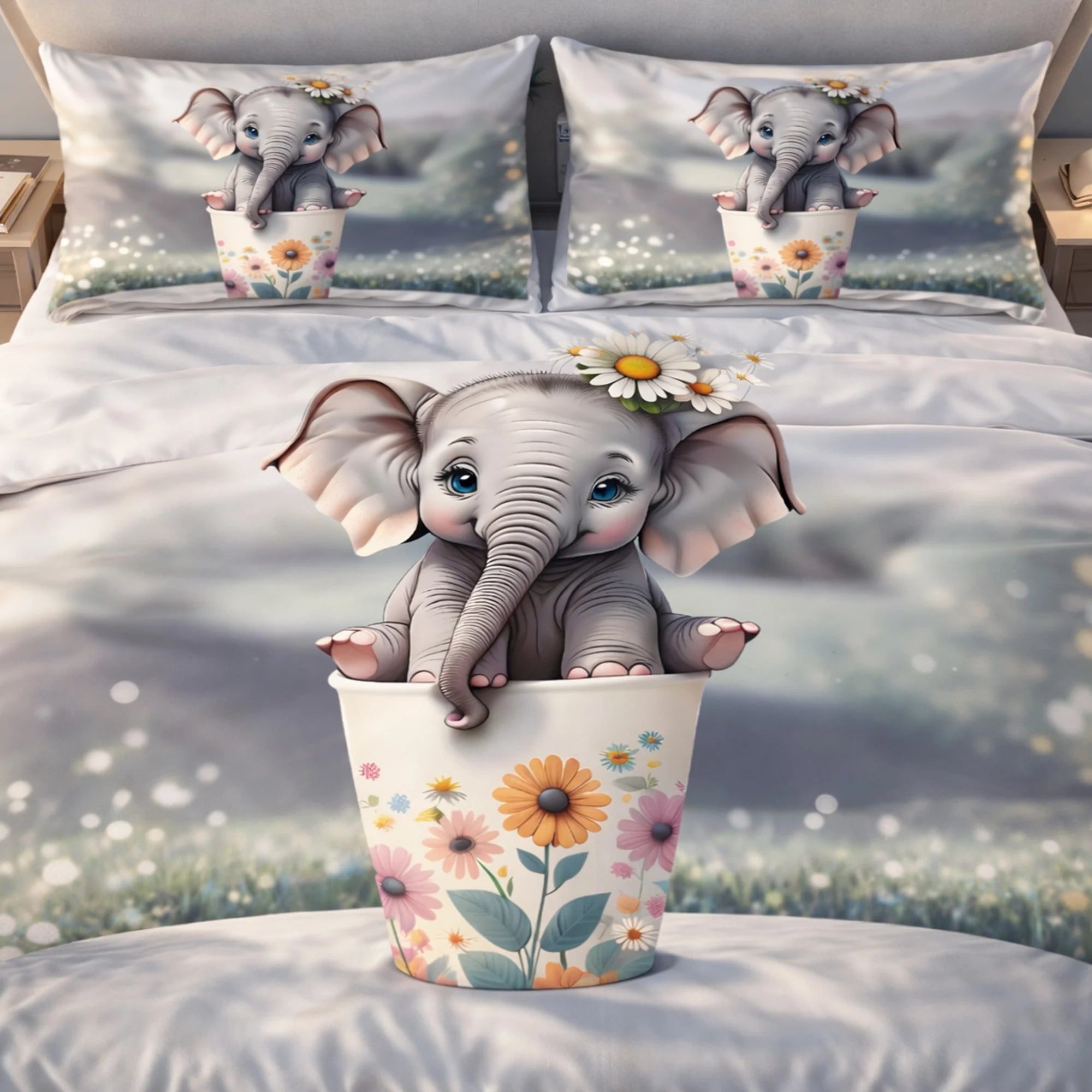 Cute Baby Elephant Floral 7D Flat Double Bedsheet with 2 Pillow Covers