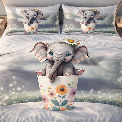 Cute Baby Elephant Floral 7D Flat Double Bedsheet with 2 Pillow Covers