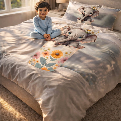 Cute Baby Elephant Floral 7D Flat Double Bedsheet with 2 Pillow Covers