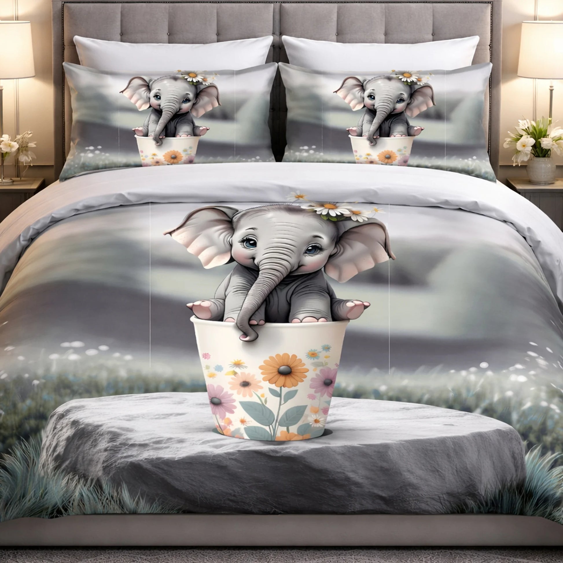 Cute Baby Elephant Floral 7D Flat Double Bedsheet with 2 Pillow Covers