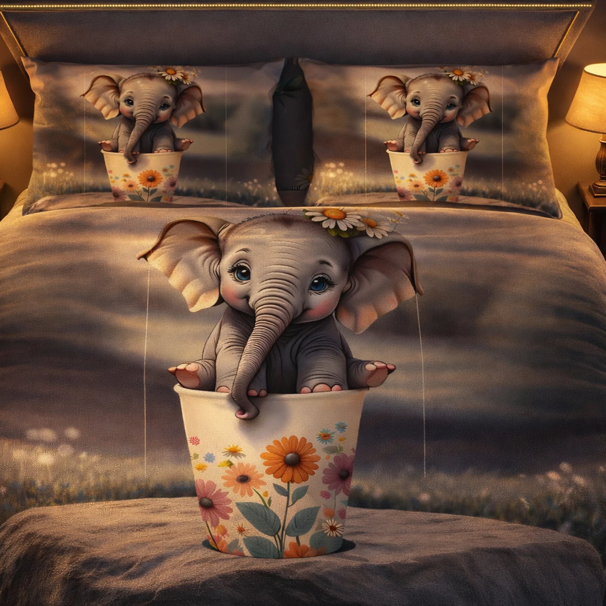 Cute Baby Elephant Floral 7D Flat Double Bedsheet with 2 Pillow Covers