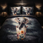 Cute Baby Elephant Floral 7D Flat Double Bedsheet with 2 Pillow Covers