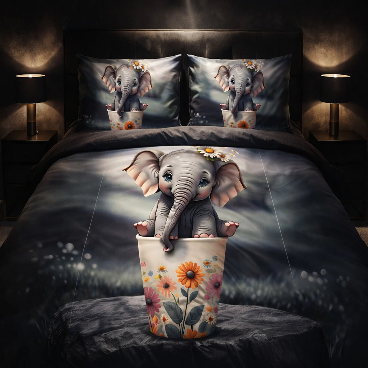 Cute Baby Elephant Floral 7D Flat Double Bedsheet with 2 Pillow Covers