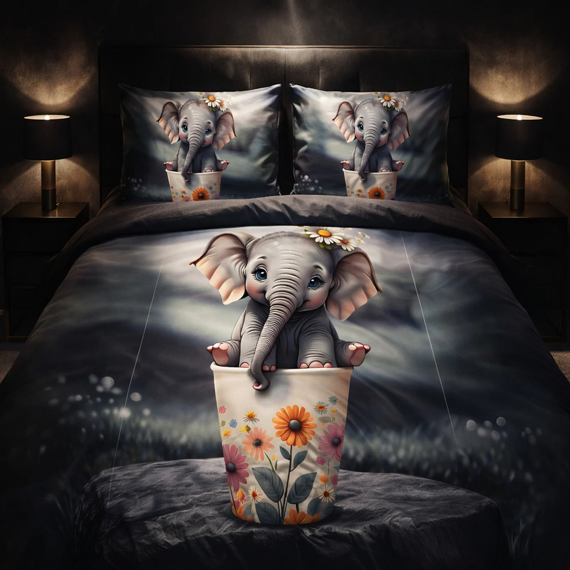 Cute Baby Elephant Floral 7D Flat Double Bedsheet with 2 Pillow Covers