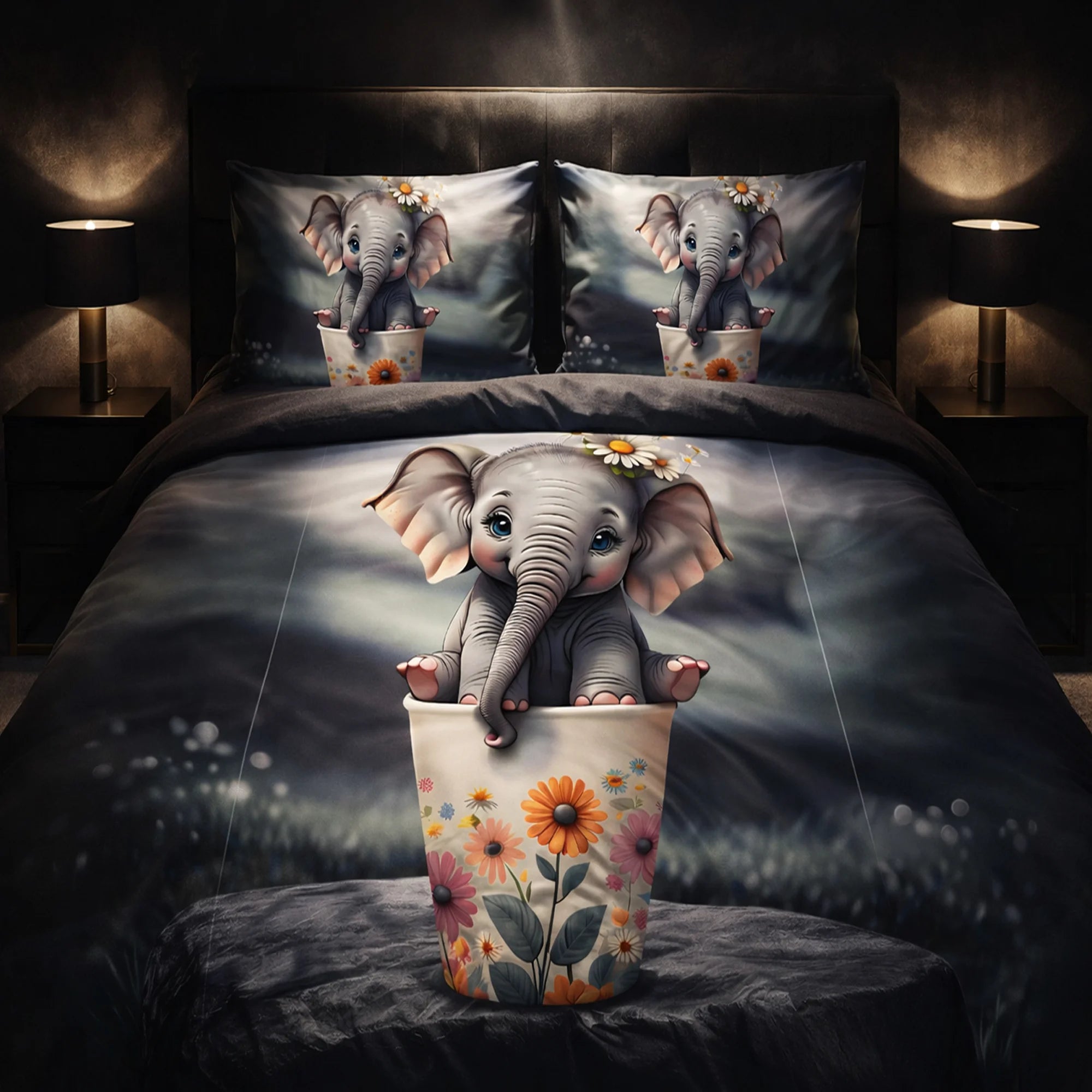 Cute Baby Elephant Floral 7D Flat Double Bedsheet with 2 Pillow Covers