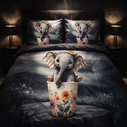 Cute Baby Elephant Floral 7D Flat Double Bedsheet with 2 Pillow Covers