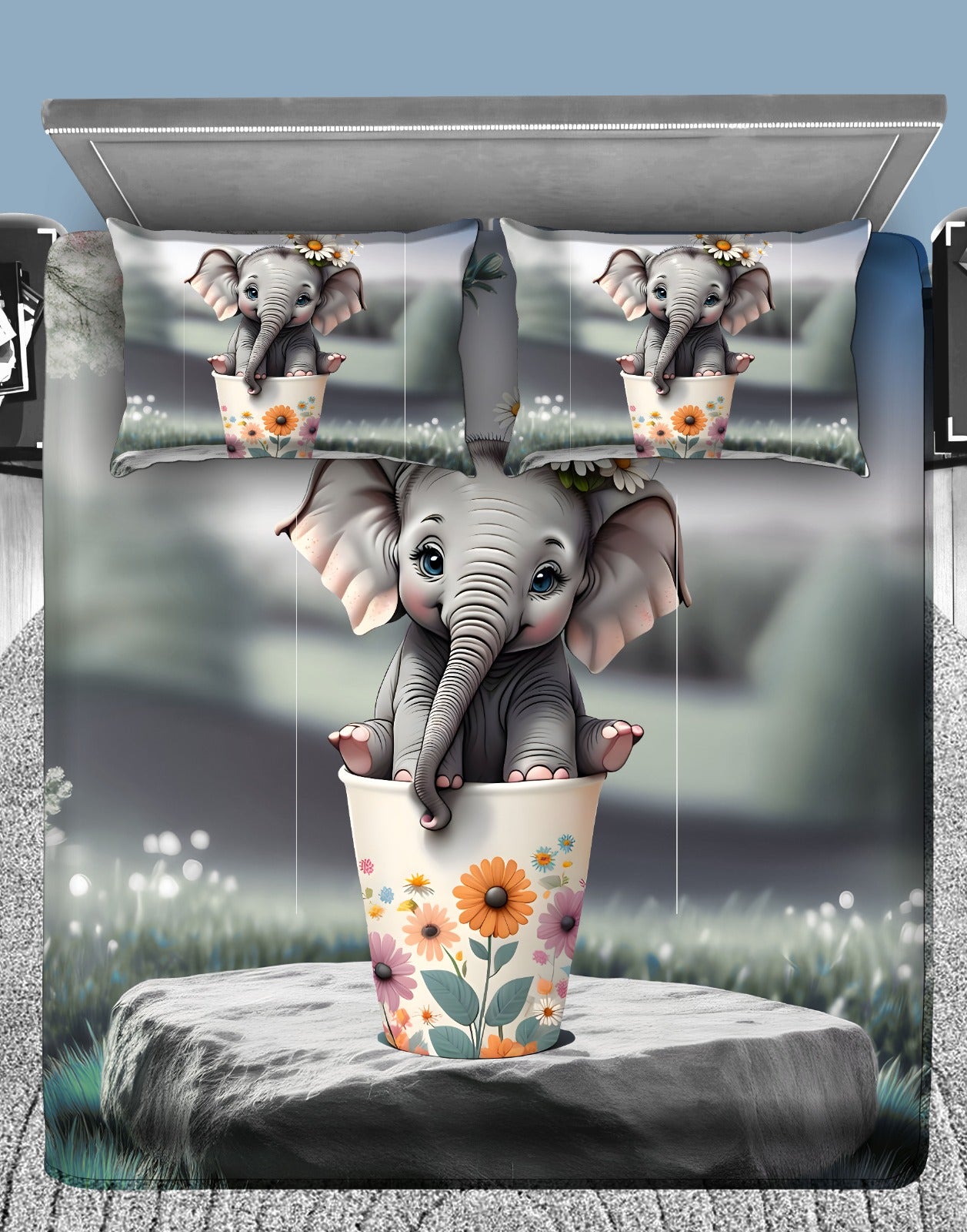 Cute Baby Elephant Floral 7D Flat Double Bedsheet with 2 Pillow Covers
