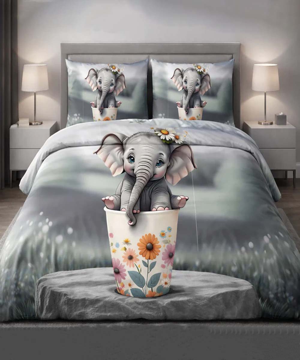 Cute Baby Elephant Floral 7D Flat Double Bedsheet with 2 Pillow Covers